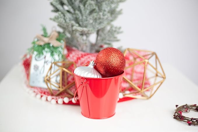 Small Metal Buckets with Handles - Leak-Proof Metal Pail Bucket - Galvanized Bucket with Handle - Multipurpose Tin Bucket for Party Favors, Organization, School, Weddings, Garden - Set of 6, Red