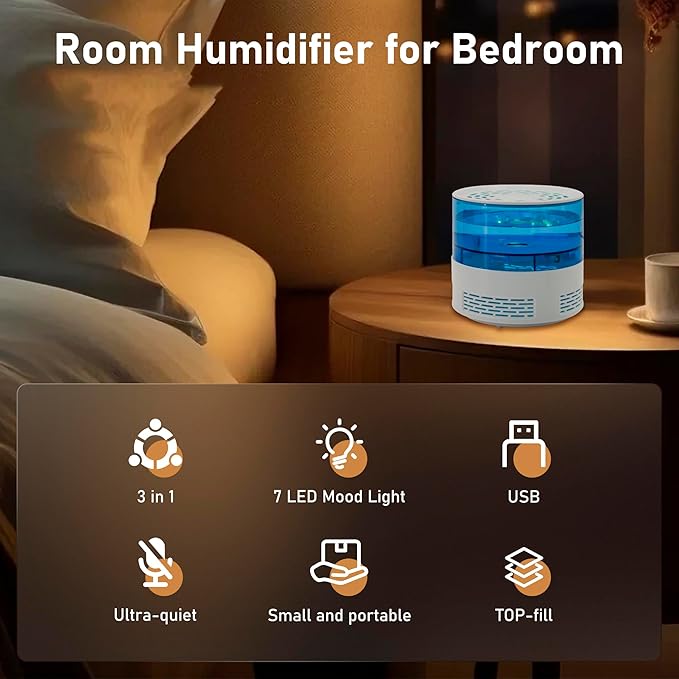 Small Humidifiers for Bedroom, 3in1 Desk Humidifier for Office USB with Essential Oil Diffuser 7LED Quiet Easy Clean, Portable Humidifiers for Travel Home Plant Nightstand Hotel Nursery