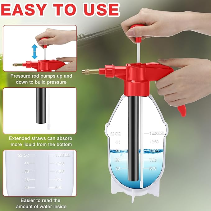 2 Pcs 50 oz Handheld Pump Spray Bottle Garden Spray Bottles Lawn Pressure Hand Pump Sprayer with Adjustable Nozzle for Chemicals Watering Weeds Garden and Car Detailing & Washing (Red)