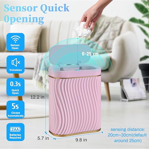 Pink Bathroom Trash can with Automatic Touchless Lid, 2.6 Gallon Motion Sensor Small Garbage Can, Slim Waterproof Smart Trash Bin for Bedroom, Office, Living Room