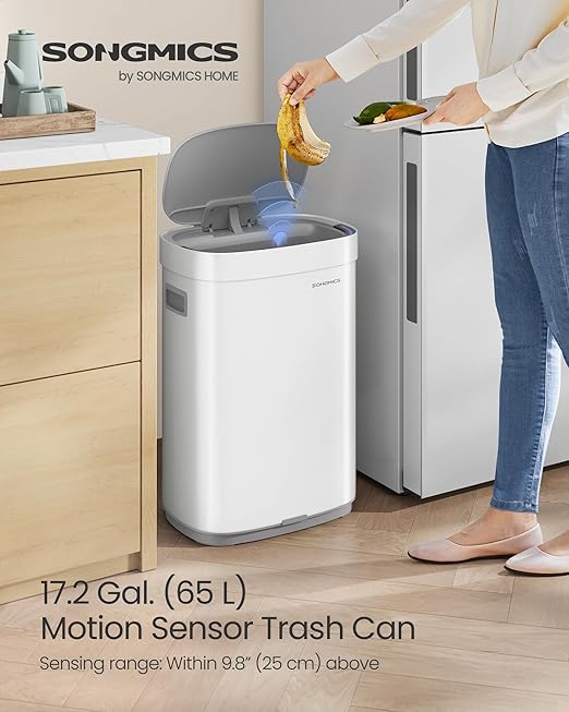 SONGMICS Kitchen Trash Can, 17.2-Gallon (65 L) Motion Sensor Garbage Can, Stainless Steel Trash Bin, Ozone Odor Control, Stay-Open, Cloud White ULTB660W01