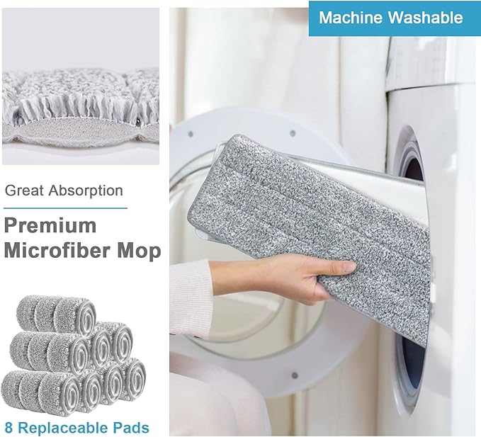 Mop and Bucket with Wringer Set, Hands Free Flat Floor Mop and Bucket, 8 Washable Microfiber Pads Included, Wet and Dry Use, Home Floor Cleaning System for All Floor Types and Windows