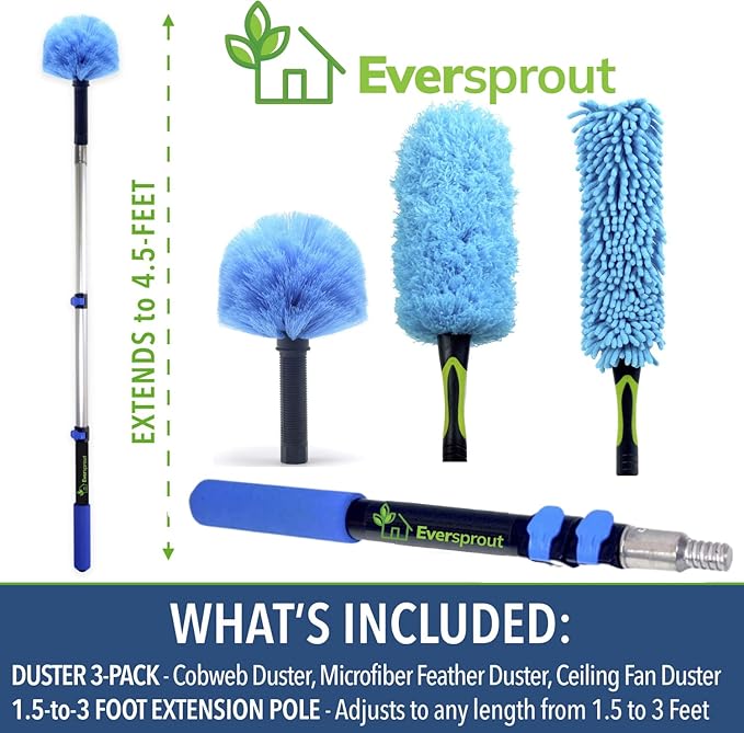 EVERSPROUT 1.5-to-3 Ft Duster 3-Pack with Extension-Pole (8-10 Ft Standing Reach) | Hand-Packaged Cobweb Duster, Microfiber Feather Duster, Flexible Microfiber for Ceiling & Fan | Telescopic Pole