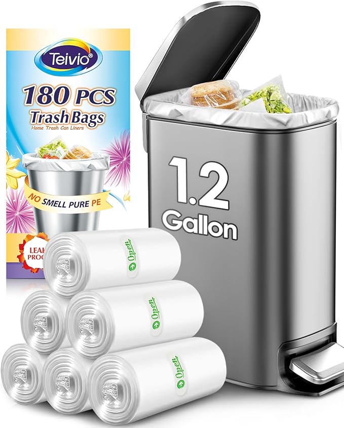 1.2 Gallon 180 counts Small Strong Trash Bags 5 Liter Garbage Bags by Teivio, Bathroom Trash Can Bin Liners, Plastic Bags for home office kitchen, Clear