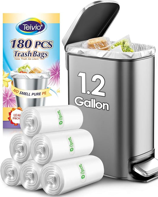 1.2 Gallon 180 counts Small Strong Trash Bags 5 Liter Garbage Bags by Teivio, Bathroom Trash Can Bin Liners, Plastic Bags for home office kitchen, Clear