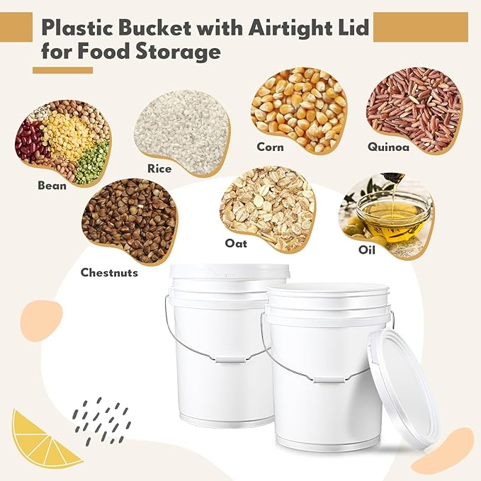 4 Pack 5 Gallon Plastic Bucket with Airtight Lid for Food Storage Heavy Duty Reusable White Bucket Pail Container with Metal Handles and Plastic Grip, with 2 Pcs Red Lid Opener