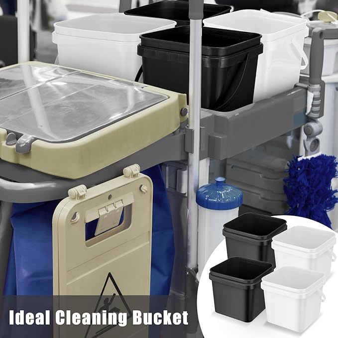 Mifoci 4 Pcs Plastic Bucket 5 Quart Square Cleaning Bucket Utility Small Pail with Handle for House Cleaning Storage Livestock Feeding Car Washing (White,Black)