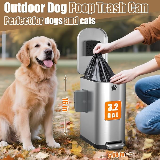 Dog Poop Trash Can Outside with Odor Control Lid & Step Pedal, 3.2Gal Stainless Steel Outdoor Trash Can, Waterproof Dog Waste Container Station - Includes Carbon Filters & Paw Stickers