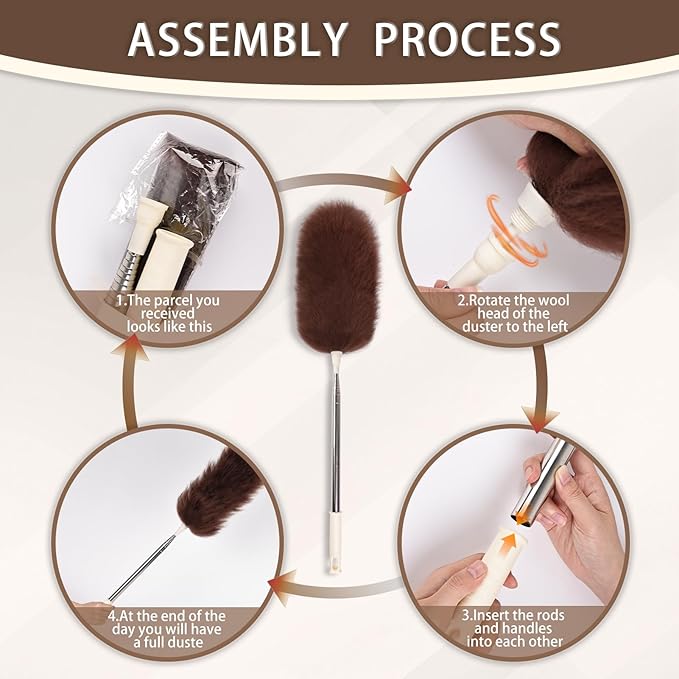 Extendable Lambswool Duster Stainless Steel Handle 133" Removable Feather Duster for Cleaning Ceiling Fans Interior Roof Furniture, Brown