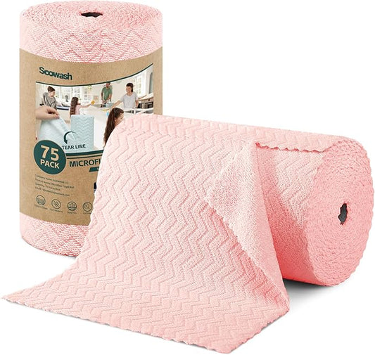 Microfiber Cleaning Cloths Roll, 75 Pack Tear Away Microfiber Towels Roll, 12" x 12" Lint Free Rags, Reusable Cleaning Cloths, Washable, Scratch Free,Ultra Absorbent Dish Rags(Pink Ripple)