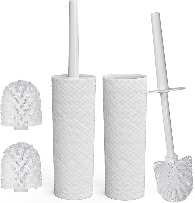 Topsky Toilet Brush & Holder Set, 2 Pack Plastic Round Barrel Loo Brush with 2 Replacement Heads, Durable for Bathroom, White