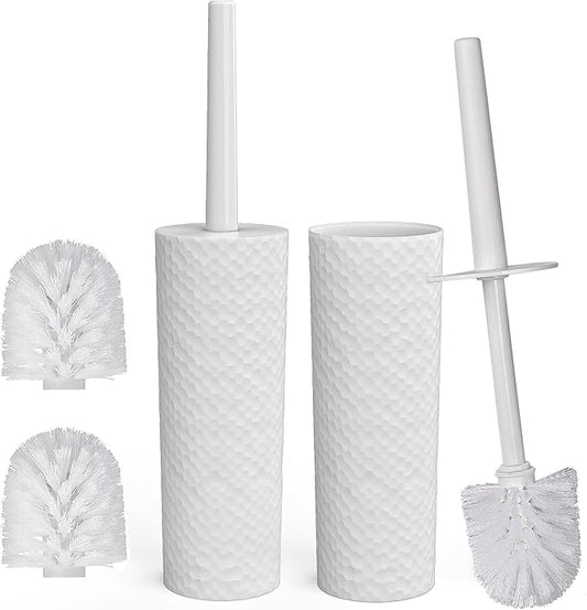Topsky Toilet Brush & Holder Set, 2 Pack Plastic Round Barrel Loo Brush with 2 Replacement Heads, Durable for Bathroom, White