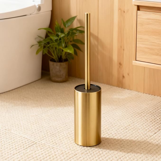 Toilet Brush and Holder Set, NEWRAIN 304 Stainless Steel Toilet Brush with Long Brush Handle, Brushed Gold Toilet Scrubber and Covered Holder, Round Design Sturdy and Space Saving, Covered Brush