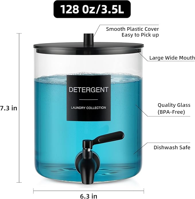 Glass Laundry Detergent Dispenser, 128 oz / 3.5L Fabric Softener Dispenser for Laundry Room Organization, Detergent Holder with 304 Spigot, Glass Soap Container (Black)