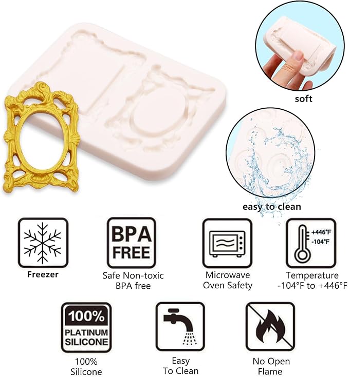 Frame Molds Fondant Silicone, 4 Packs Photo Frame Baroque Vintage Jewel Silicone Chocolate Molds, for Cake Mirror Frames Decoration, Cupcake Toppers, Resin Clay Sugar Gum Paste Polymer