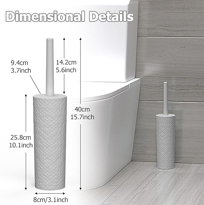 Topsky 2 Pack Compact Toilet Brush & Holder Set, Plastic Round Barrel Loo Brush with 2 Replacement Toilet Brush Head, Durable for Bathroom Toilet, Gray
