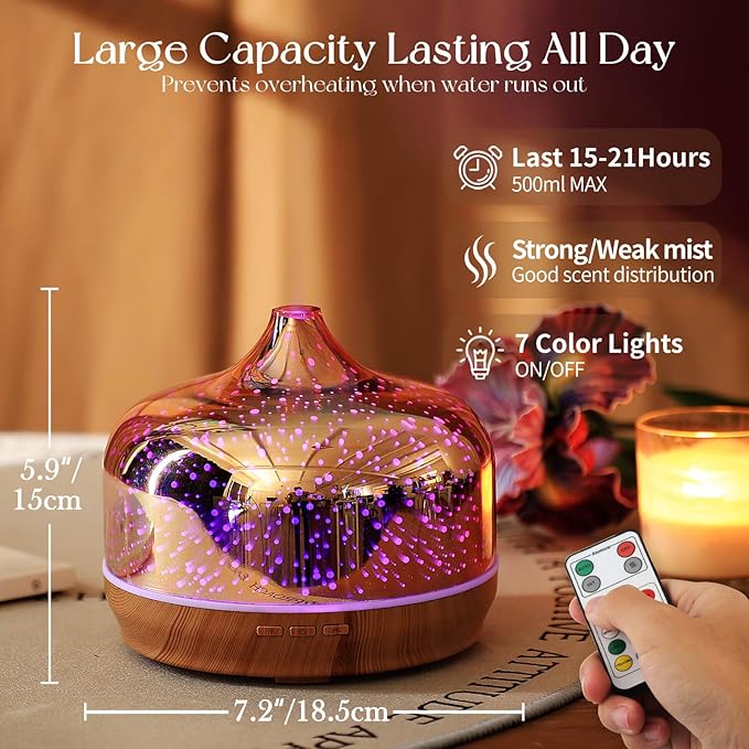 Porseme 500ml Glass Essential Oil Diffuser Aromatherapy Ultrasonic Cool Mist Humidifier 15-21 Running Hours Diffusers with Remote Control for Sleeping Office Working Yoga Rest and Spa