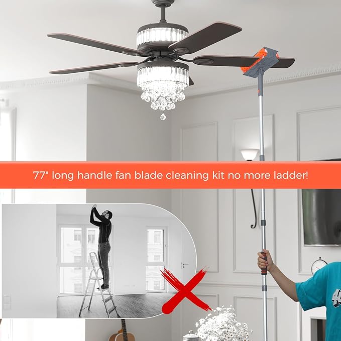 Ceiling Fan Cleaner Duster with 77'' Extension Pole, Reusable Chenille Fan Blade Brush and Duster Head kit, Flexible Ceiling Cleaner for Cobwebs, Wall, Sofa and Furniture（Orange）