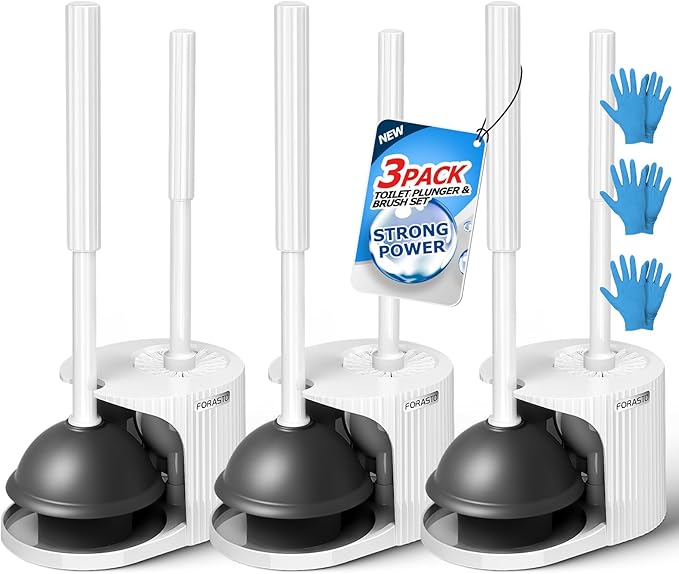 3Pack 2 in 1 Toilet Brush and Plunger Set, Extended Handle Plunger,Toilet Bowl Brush Plunger Set,Bathroom Cleaning Tools,Toilet Brush Plunger Combo,Cleaning Brush,Cleaning Supplies, White