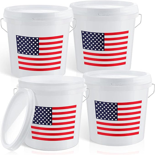 4 Pcs 2 Gallon Plastic Bucket with Lid and Handle, Large White Heavy Duty Bucket with American Flag for Home Gardening Tools Household Cleaning Baseballs Storage Container