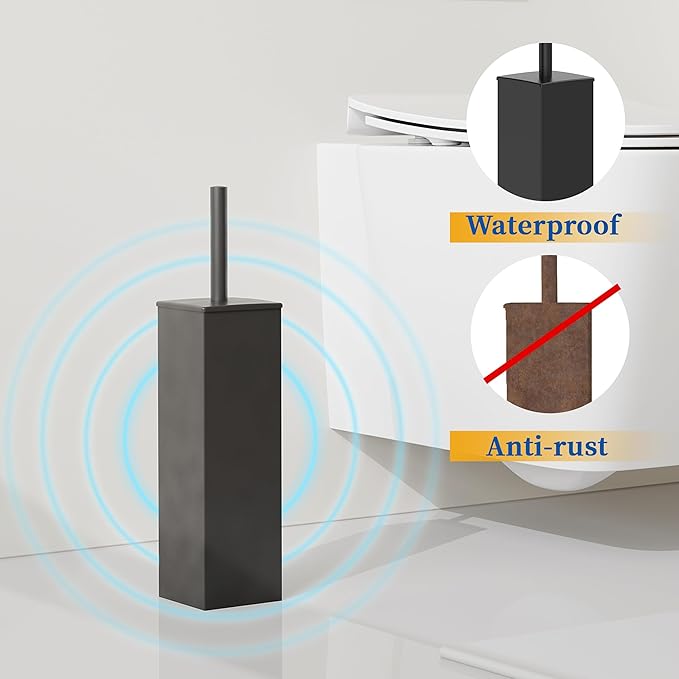 RUACQ Toilet Brush and Holder Set 2pcs,Square Toilet Bowl Brush for Bathroom with 304 Stainless Steel Handle Toilet Cleaner Brush with Durable Scrubbing Bristles,Splash-Proof (Matte Black)