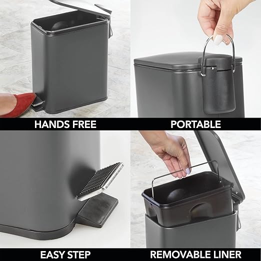 mDesign Rectangular Pedal Bin – 5 L Metal Waste Bin with Pedal, Lid and Plastic Bucket Insert – Household Rubbish Bin for Bathroom, Kitchen and Office – Dark Grey