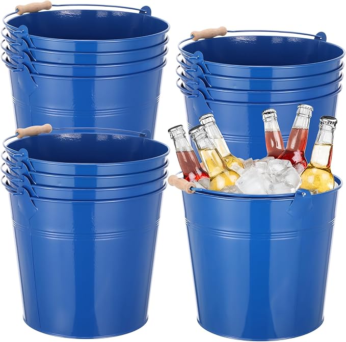 12 Pcs Large Galvanized Metal Buckets with Handle 10 Inch Heavy Duty Stainless Steel Pails Round Pail for Party Wedding, Crafts, Utensils, Table Centerpieces (Royal Blue)