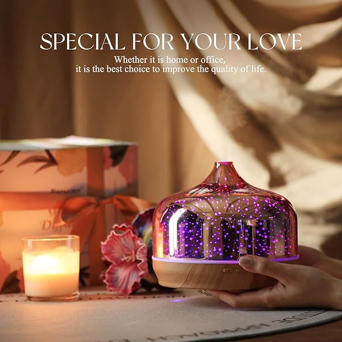 Porseme 500ml Essential Oil Diffuser 3D Glass Aromatherapy Ultrasonic Humidifier - Auto Shut-Off, Timer Setting, BPA Free for Home Hotel Yoga SPA Gift
