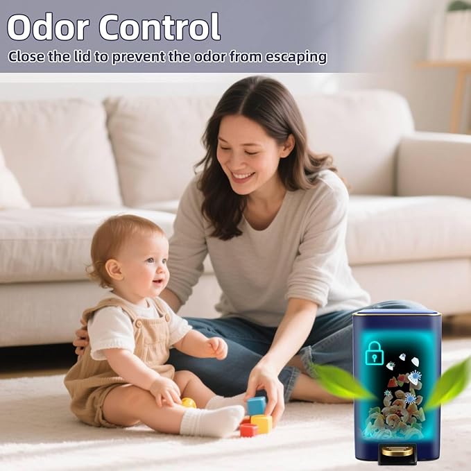 Small Bathroom Trash Can with Lid Soft Close, 1.8 Gallon Stainless Steel Garbage Can with Removable Inner Bucket,Wicker Storage Baskets,75Count Trash Bags, Slim Step Pedal Trash Bins