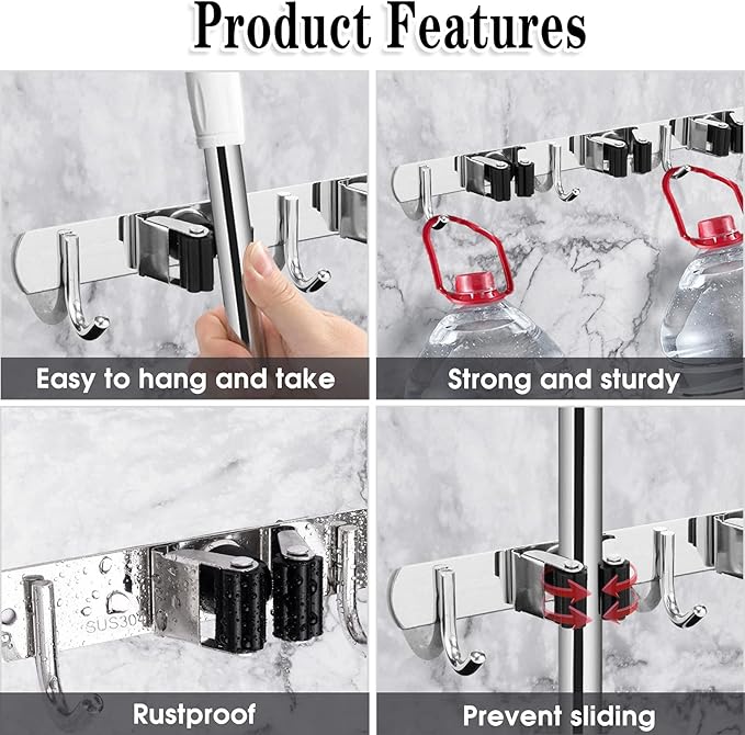 3 Racks and 4 Hooks Broom and Mop Holder Wall Mounted Garage Organizer Storage Tool Racks Stainless Steel Heavy Duty Hooks Self Adhesive Solid Non-slip Wall Hangers for Home Kitchen Garden Laundry