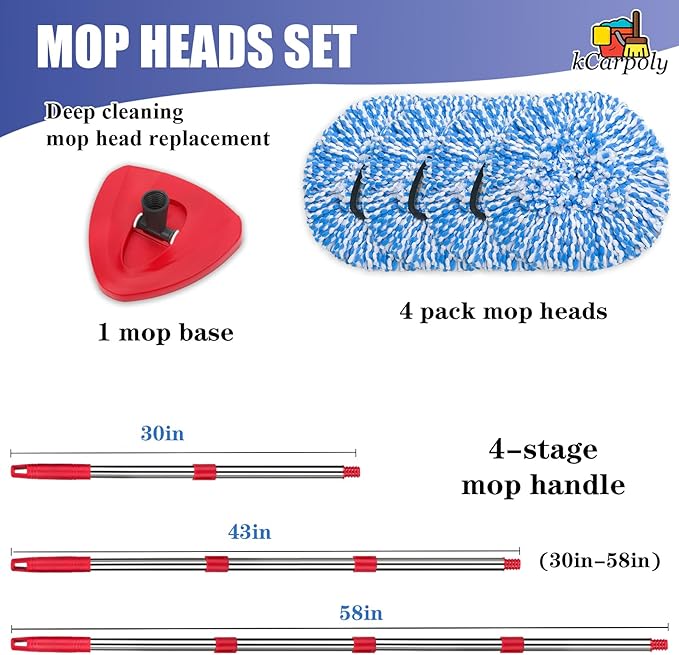 4 Pack Spin Mop Replacement Heads Compatible for O Ceda EasyWring 1-Tank Triangle System, Microfiber Mop Refills for 5.9inch Core,Deep Cleaning, Included Base and Handle