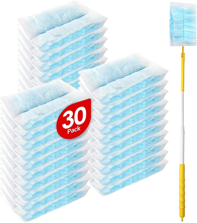30 Count Microfibre Feather Duster Refills Compatible with Swiffer Dusters, Disposable Static Dust Removal Refills, Multi-Surface Duster with 1 Pcs Retractable Handle(Unscented, Pack of 1)