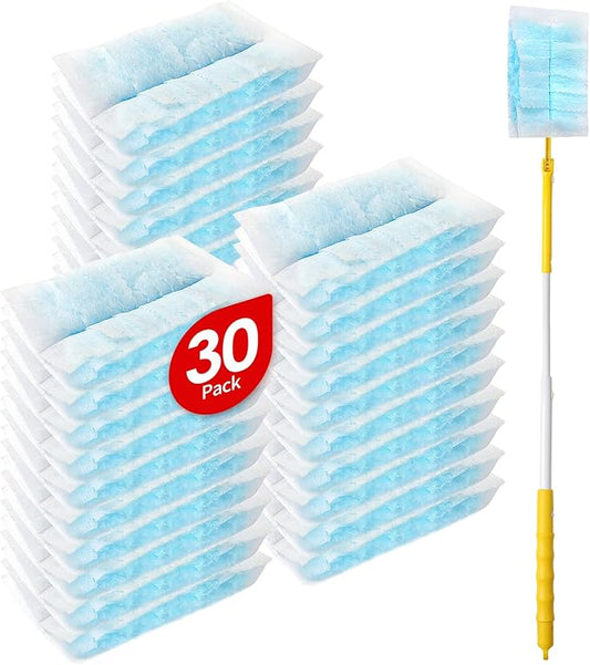 30 Count Microfibre Feather Duster Refills Compatible with Swiffer Dusters, Disposable Static Dust Removal Refills, Multi-Surface Duster with 1 Pcs Retractable Handle(Unscented, Pack of 1)