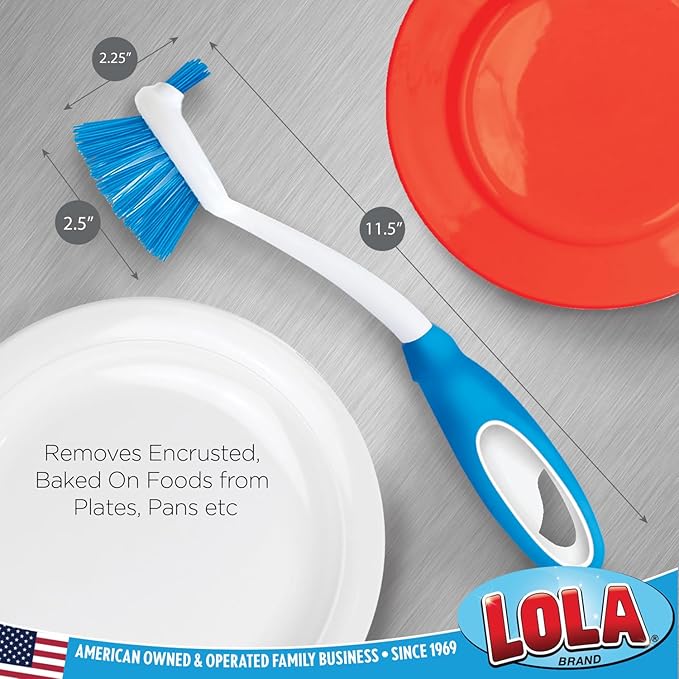 LOLA Pro Dish Brush Kitchen Scrubber | Poly Fiber Bristle | Built-in Food Scraper | Comfort Rubber Non-Slip Handle | Safe for Non-Stick & Coated Cookware | Dishwasher Safe for Cleaning 2 CT