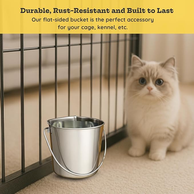 4 Quart Stainless Steel Flat Side Bucket | Durable Heavy Duty Food & Water Feeding Pails for Birds Dogs Cat Goat | Fits kennels Cages Critter Crates Hanging Pet Pail | Multipurpose Bucket