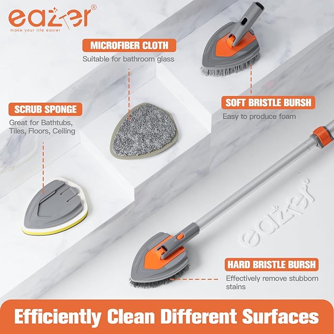 Eazer 4-in-1 Long-Handled Tub Scrubber-Versatile Bathroom Cleaning Brush with Shower Scrubber-Ideal Shower Cleaner Brush for Efficient Cleaning-Long Handle Scrub Brush for Shower, Tub, and Bathroom