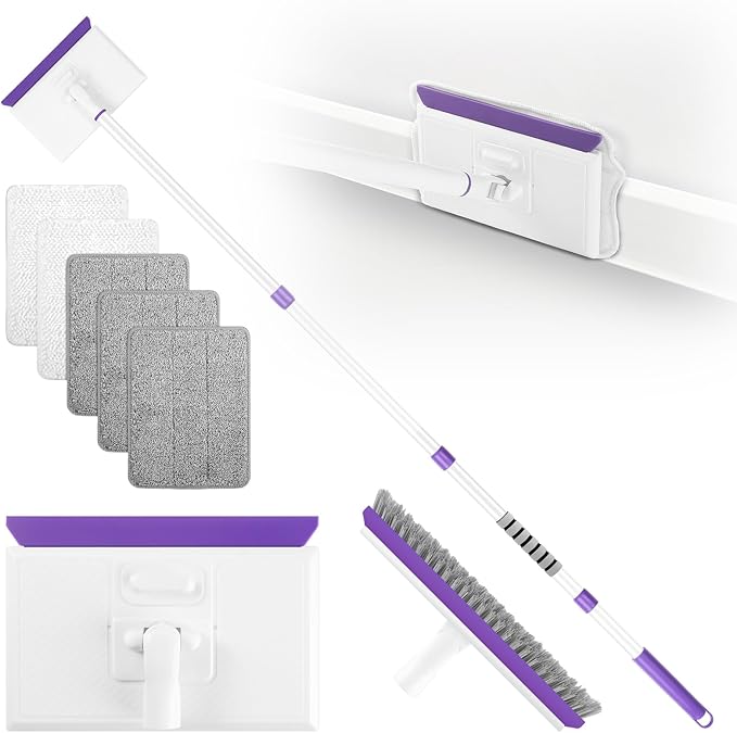 Baseboard Cleaner Tool with Handle 2.0, 60" Extendable Long Handle, Dust Trapping and Locking, 5 Reusable Pads, Purple Base Boards Cleaning Tool for Moldings, Wall, Floor, Bathroom, Kitchen