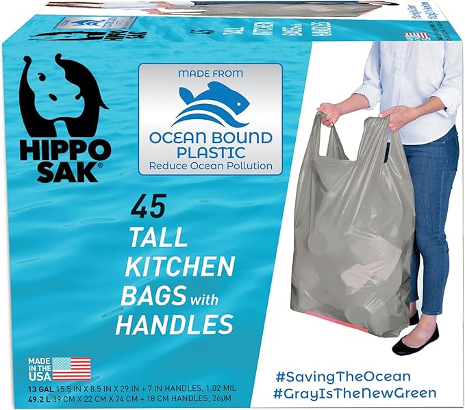 Hippo Sak - Tall Kitchen Garbage Bags with Ergonomic Handles - 13 Gallon Trash Bags Made from Recycled Ocean Bound Plastic - Super Strong and Leak Proof Tall Kitchen Trash Bags (45 Count)