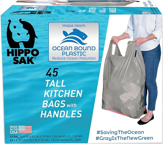 Hippo Sak - Tall Kitchen Garbage Bags with Ergonomic Handles - 13 Gallon Trash Bags Made from Recycled Ocean Bound Plastic - Super Strong and Leak Proof Tall Kitchen Trash Bags (45 Count)