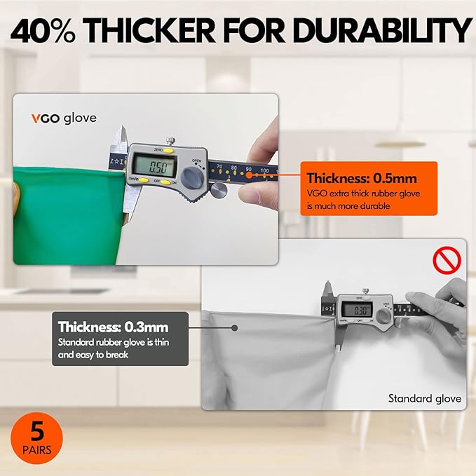 Vgo... 5-Pairs Reusable Household Gloves, Rubber Dishwashing gloves, Extra Thickness, Long Sleeves, Kitchen Cleaning, Working, Painting, Gardening, Pet Care (Size M, Green, HH4601)