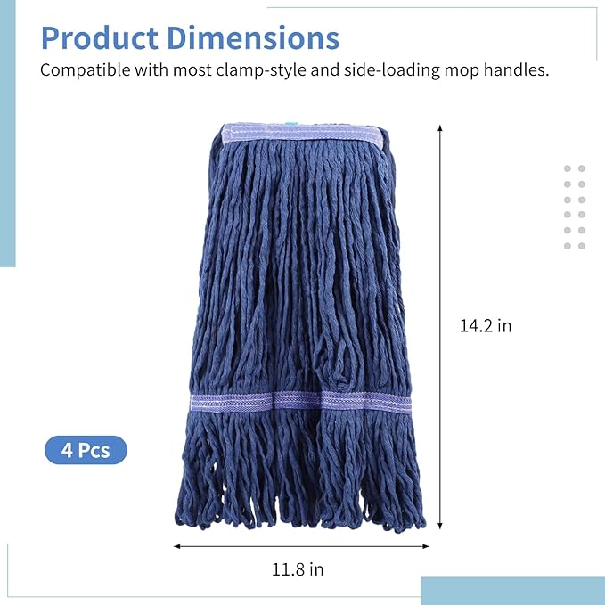 4 Pcs Mop Head Replacements, Cotton Loop-end String Mop Head Refills, Hospital Hotel Mop Refills, Wet and Dry Cleaning, Ideal for Commercial & Industrial Use
