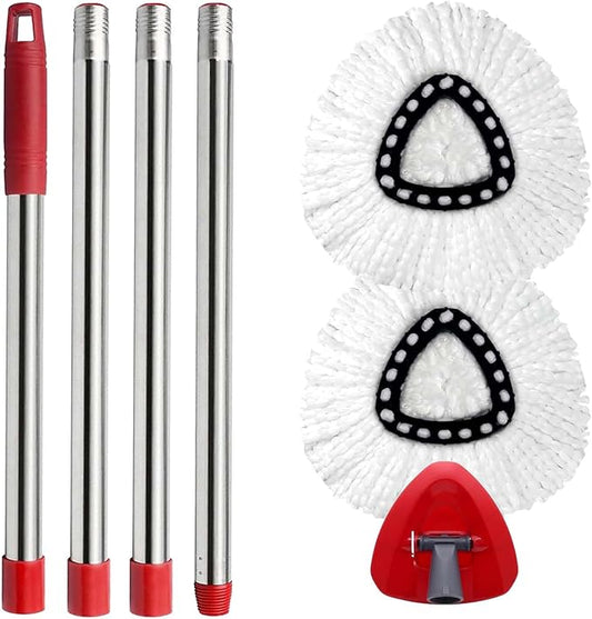 Spin Mop Head, Base, Mop Handle Replacement for O Cedar EasyWring 1 Tank System Microfiber Spin Mops, 2 Microfiber Mop Refills, 1 Triangle Head Cover and 30-58in Handle Set Combo