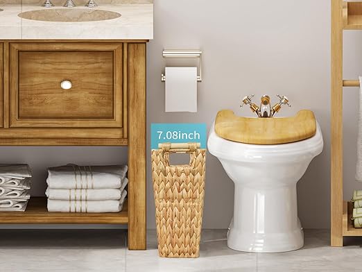 6 Gallon Wicker Trash Can with Wooden Handle,Wicker Waste Basket for Bathroom,Bedroom,Large Narrow Water Hyacinth Trash Basket,Rattan Boho Decor Farmhouse Bathroom Trash Can