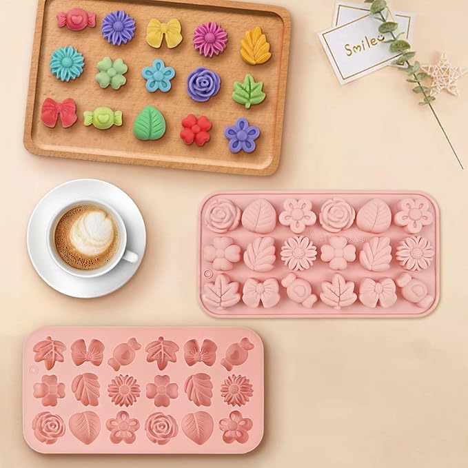 2 Pack Silicone Flower Candy Molds, Daisy Rose Tulip Floral Chocolate Molds with Flower Leaf & Bow Shapes for Baking, Soap, Jello, Ice Cubes, DIY Desserts and Crafts Making