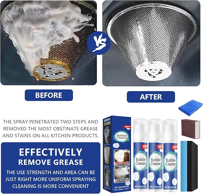 (100ML*3PCS) Bubble Cleaner Foam,Foaming Heavy Oil Stain Cleaner,All-Purpose Rinse-free Cleaner Spray,Kitchen Deep Cleaning Spray,Powerful Stain,Stubborn Grease & Grime Remover Bubble Spray