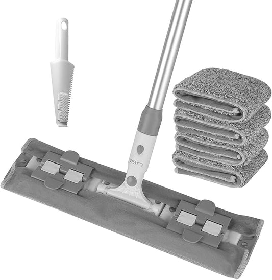 Flat Microfiber Mop for Floor Cleaning, 15.7 in (40 cm) Aluminum Base, 4-Section Aluminum Handle 52 in, Dry & Wet Use, 4 Washable Pads, Debris Scraper – LJGG (Gray/White)