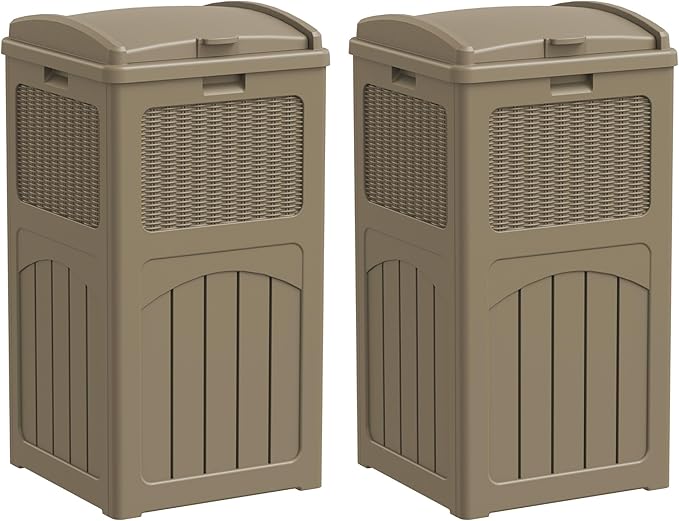 Greesum 33 Gallon Outdoor Trash Can with Lid (2-Pack), Heavy Duty Resin Garbage Bin, Waterproof & UV Resistant for Patio, Garden, Deck, Yard, Light Coffee