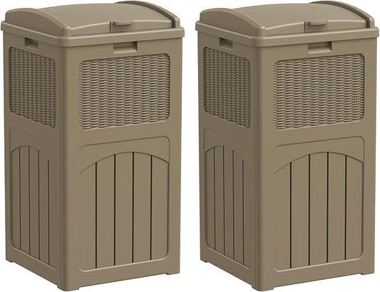 Greesum 33 Gallon Outdoor Trash Can with Lid (2-Pack), Heavy Duty Resin Garbage Bin, Waterproof & UV Resistant for Patio, Garden, Deck, Yard, Light Coffee
