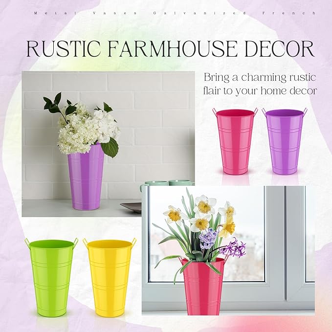 Zhehao 12 PCS 12 Inch Galvanized Metal Vase with Handles Bulk Tin Flower Buckets Galvanized Vases for Country Wedding Table Centerpieces Flower Buckets for Wedding Home (Green, Yellow, Purple, Rose)