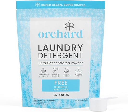 Orchard Laundry Detergent Powder Natural Deep Cleaning Laundry Powder for Sensitive Skin - Fragrance Free - Plant Based Effective Ingredients - 65 Loads - Enzyme-Powered, Eco Friendly Detergent